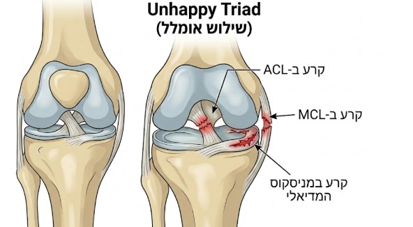 איור אנטומי של ה-'Unhappy Triad' - קרע ב-ACL, MCL ובמיניסקוס המדיאלי בברך