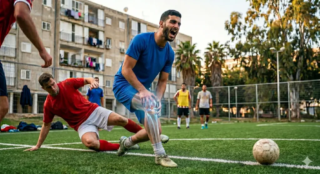איור אנטומי של ברך עם קרע במיניסקוס כחלק מהמדריך המדעי לאבחון וטיפול